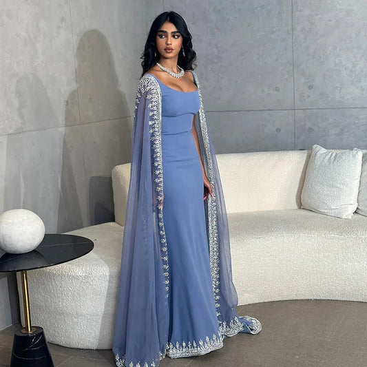 Luxury Blue Mermaid Beaded Evening Dress with Cape Sleeves LA72086