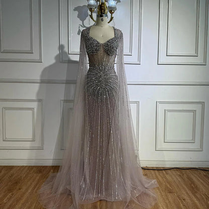 Luxury Nude Beaded Evening Dress with Cape Sleeves LA72575C