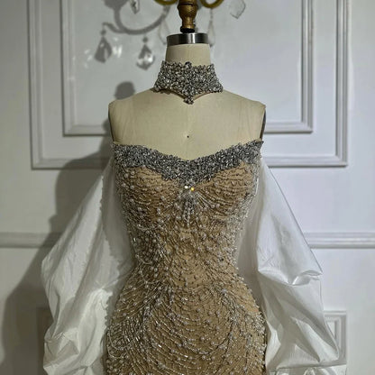 Luxury White Nude Beaded Mermaid Evening Dress LA72802