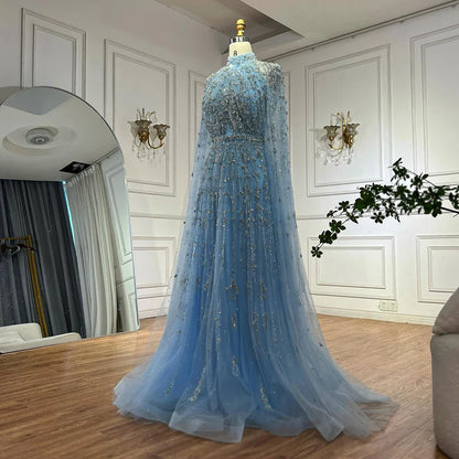 Luxury Blue Beaded A-Line Evening Gown with Cape Sleeves LA71803G