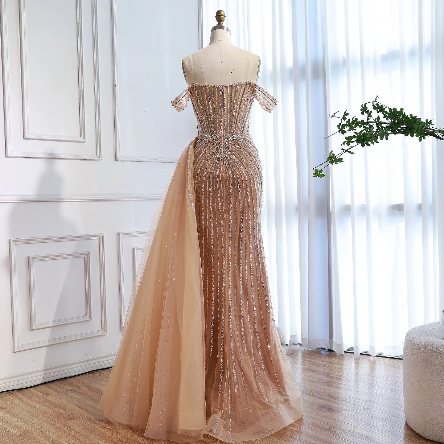 Luxury Nude Off Shoulder Beaded Mermaid Gown with Overskirt LA73139
