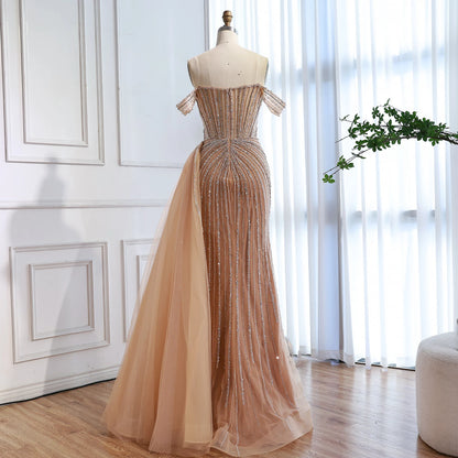 Luxury Nude Off Shoulder Beaded Mermaid Gown with Overskirt LA73139