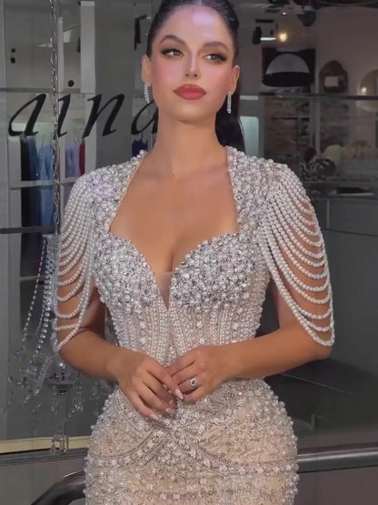 Luxury Nude Pearls Beaded Mermaid Evening Dress LA73199