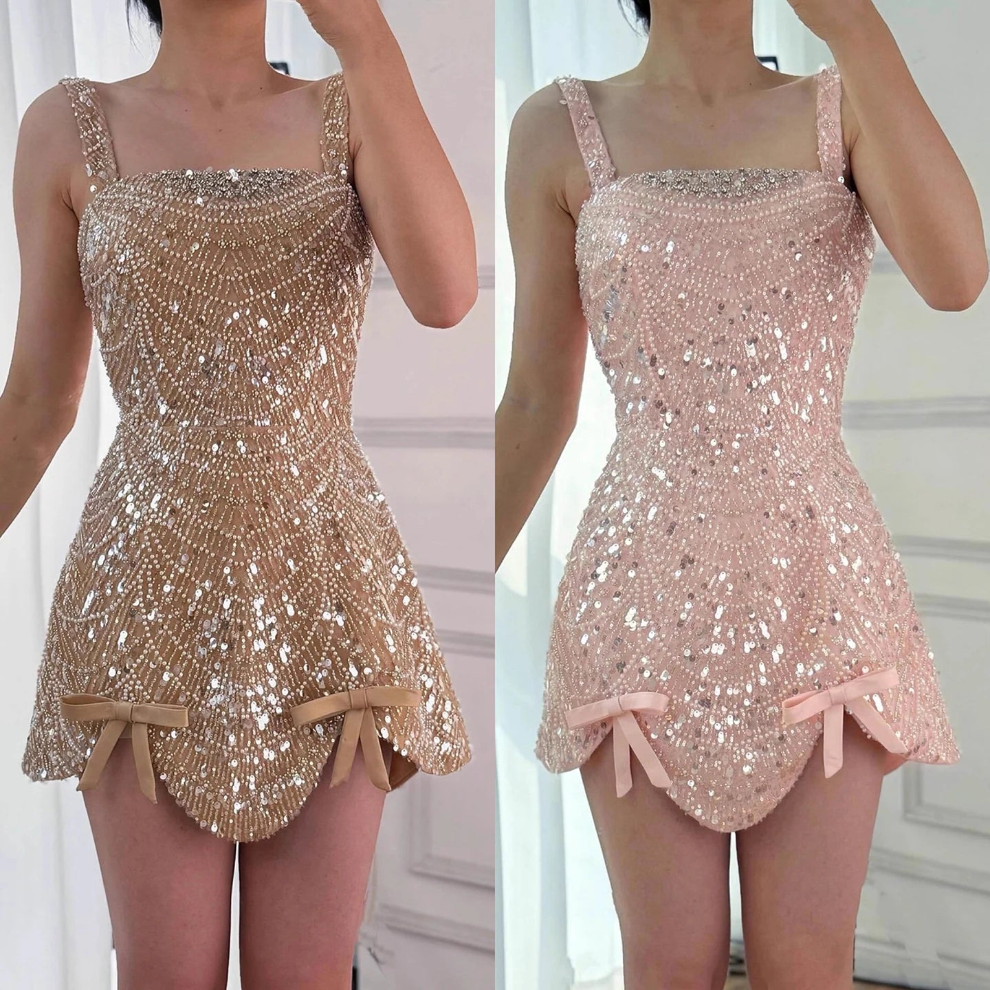 Luxury Nude Pearl Beaded A-Line Mini Evening Dress LA73211