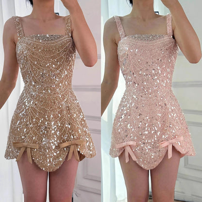 Luxury Nude Pearl Beaded A-Line Mini Evening Dress LA73211