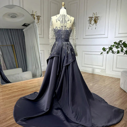Luxury Dubai Blue Crystal Beaded Evening Dress with Overskirt LA72757