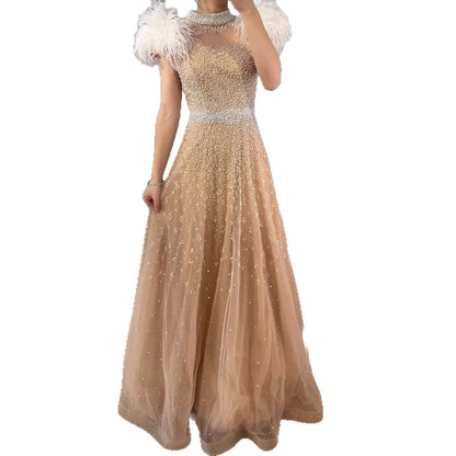 Luxury Nude Feather High Neck A-Line Beaded Evening Dress LA73420