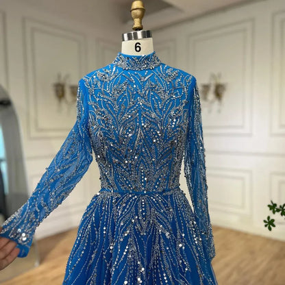 Luxury Muslim Blue A-Line Beaded Dubai Evening Dress LA72302A