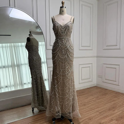 Nude Beaded Mermaid Evening Dress with Pearls LA72986A