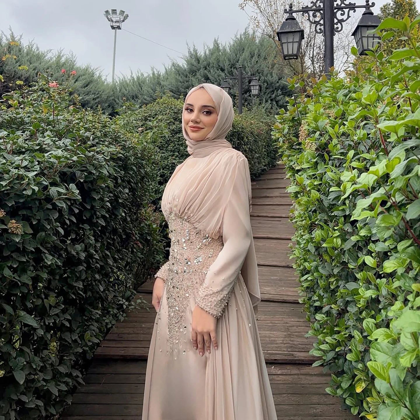 Luxury Caramel Crystal Beaded Mermaid Muslim Evening Dress LA73427