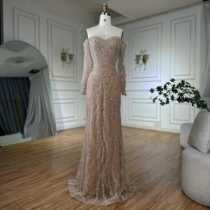 Luxury Beaded Evening Dress Off-Shoulder Long Sleeves Sequins LA72824A