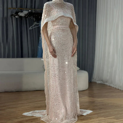 Luxury Dubai Nude Mermaid Long Cape Evening Dress LA72032P
