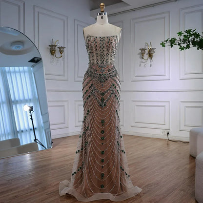 Luxury Green Beaded Saudi Arabic Evening Gown for Formal Occasion LA72842