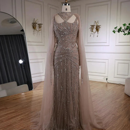 Luxury Caramel Mermaid Evening Dress with Cape Sleeves LA73052