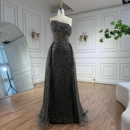 Luxury Olive Green Beaded Mermaid Evening Dress with Overskirt LA73164