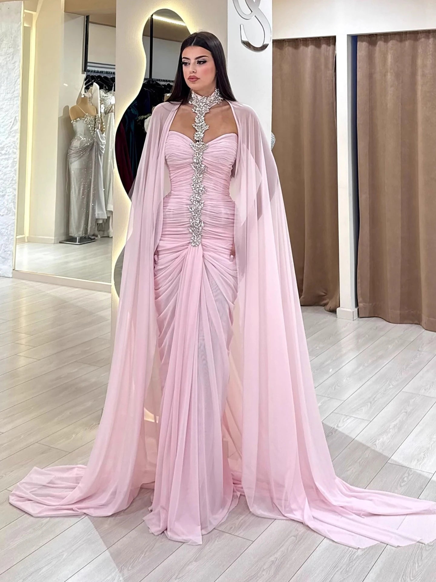 Luxury Pink Halter Crystal Beaded Evening Dress with Cape LA73374