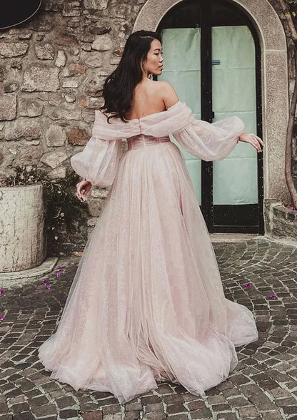 Serene Hill  Arabic Pink A-Line Off-the-Shoulder Side Split Luxury Dubai Prom Dress for Women's Party LA72677