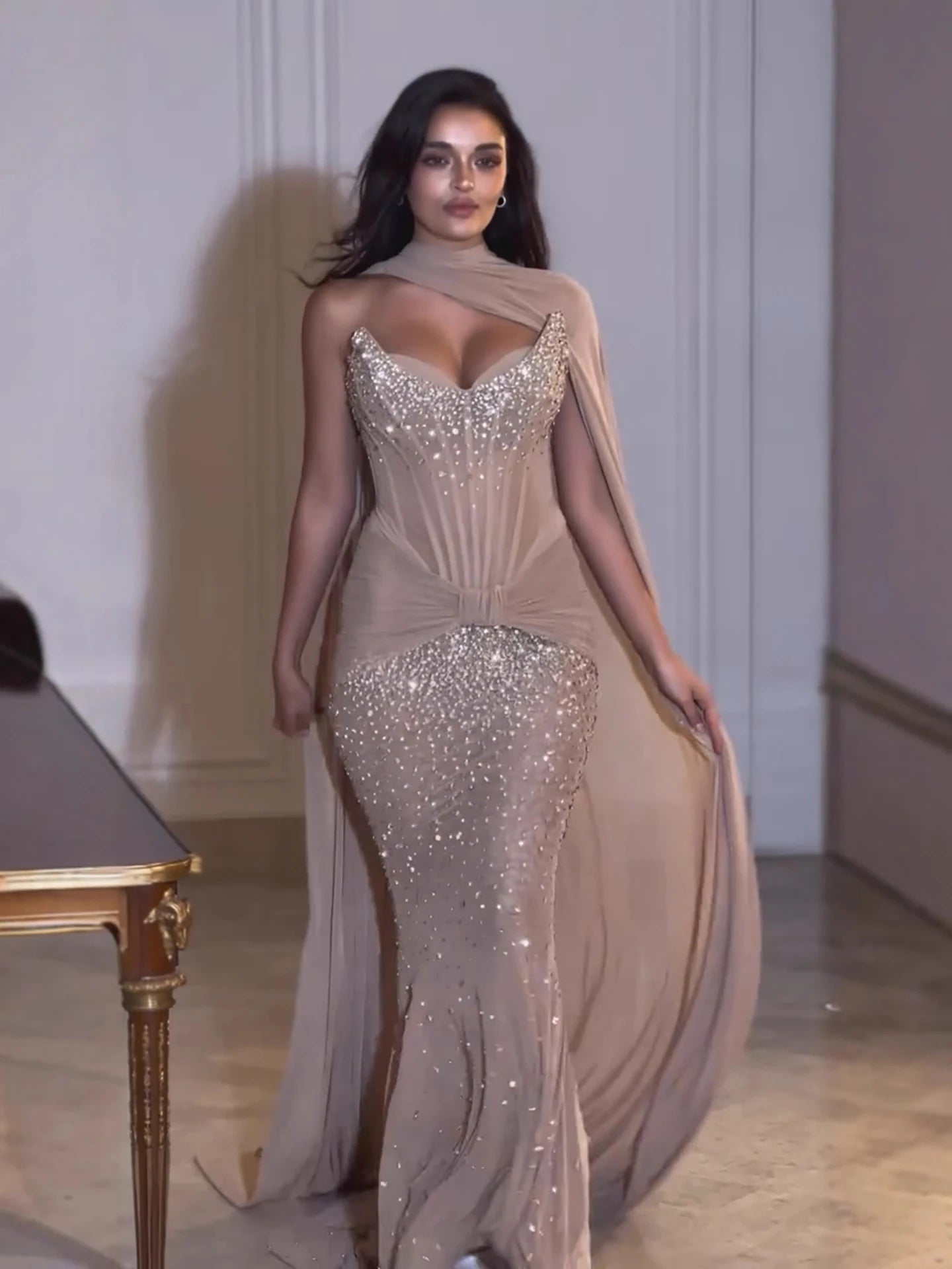 Luxury Arabic Nude Beaded Corset Evening Dress LA73343