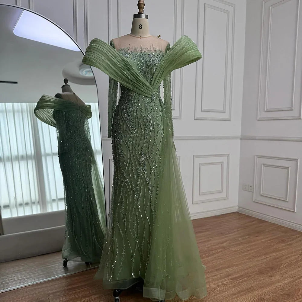 Elegant Sage Green Beaded Evening Dress with Flowing Hem LA72928