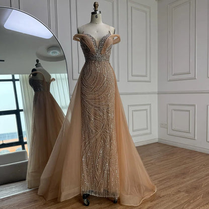 Luxury Nude Mermaid Off Shoulder Beaded Evening Dress with Overskirt LA73131