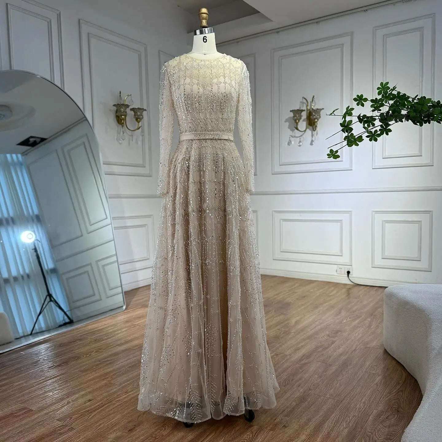 Luxury Nude A-Line Pearls Beaded Evening Dress LA73174