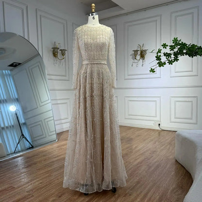 Luxury Nude A-Line Pearls Beaded Evening Dress LA73174