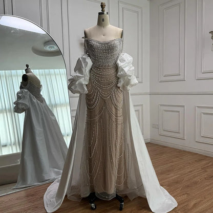 White Nude Beaded Mermaid Evening Dress with Satin Cape LA72253B