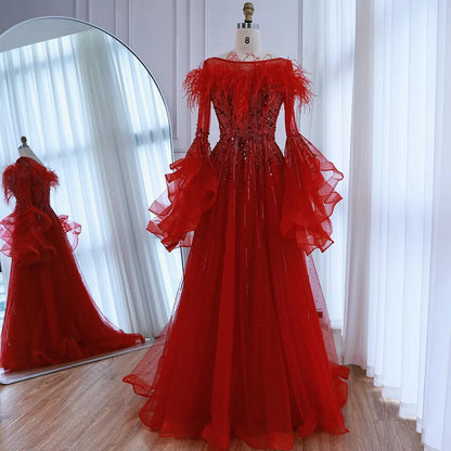 Luxury Red Feathered A-Line Evening Dress with Puffy Sleeves LA73080