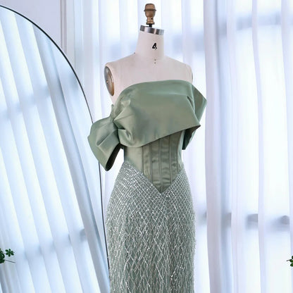 Sage Green Off Shoulder Tassel Beaded Mermaid Evening Dress LA73037