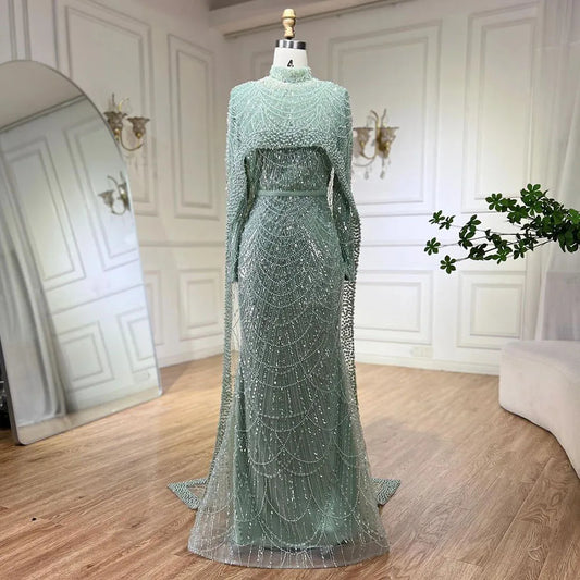 Luxury Nude Mermaid Evening Dress with Cape Dubai Arabic Style LA72032M