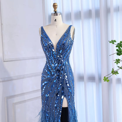 Luxury Blue Beaded Feather Mermaid Evening Dress LA73369