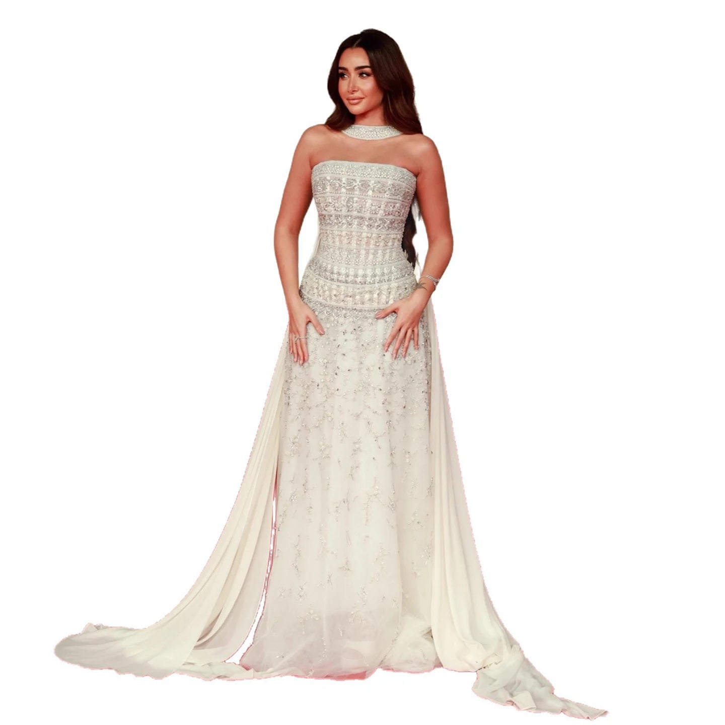 Luxury White Crystal Beaded Strapless Cape Evening Dress LA73334