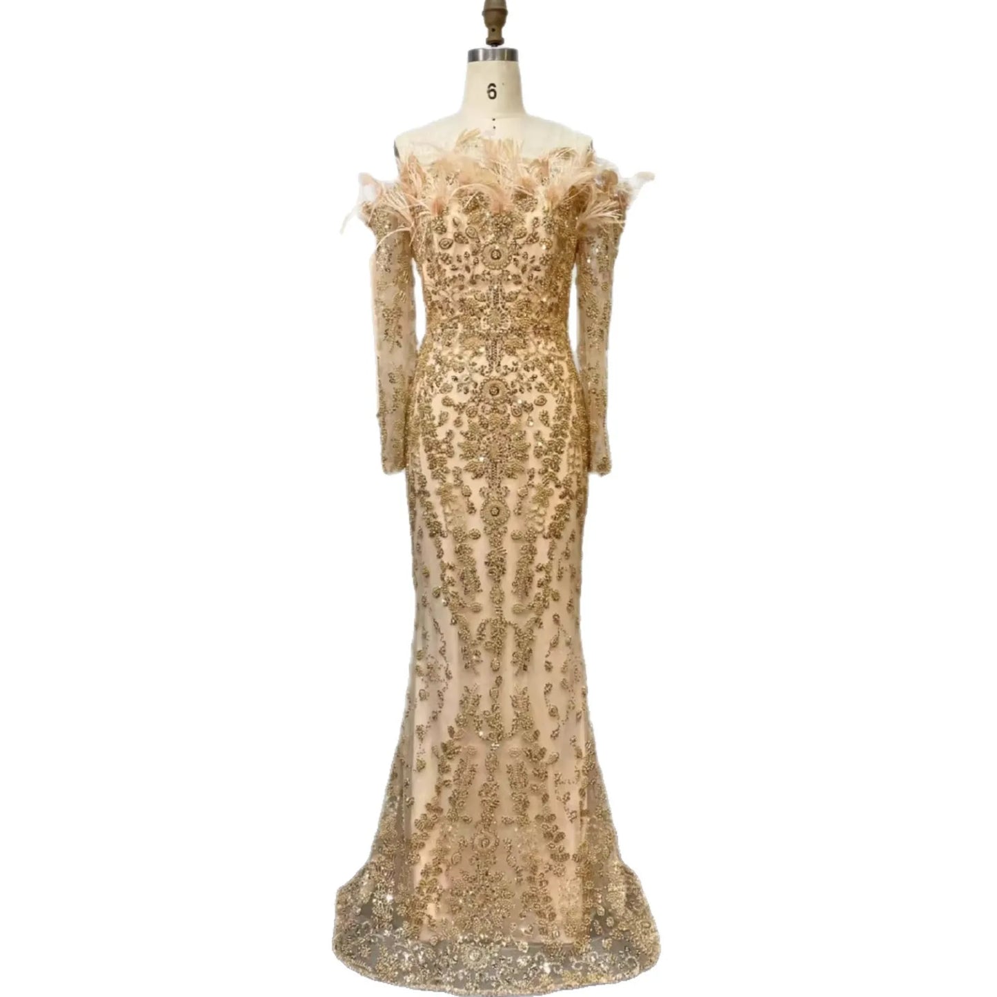 Luxury Dubai Green Long Sleeves Feathers Beaded Evening Dress LA72553