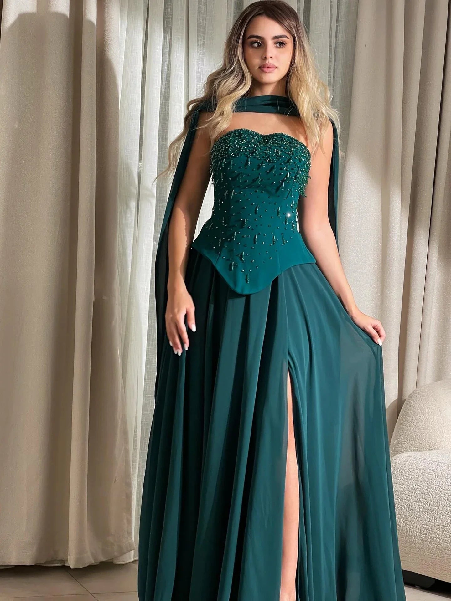 Luxury Green Beaded Corset Evening Dress with Cape LA73367