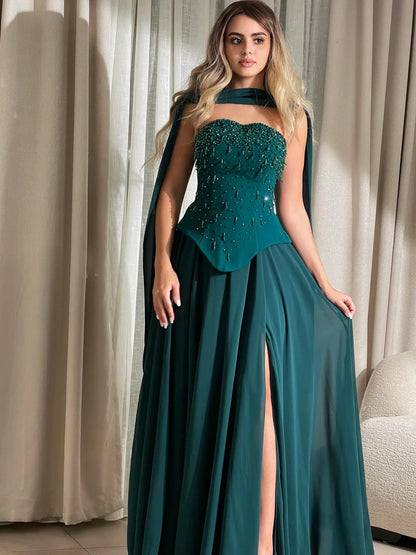 Luxury Green Beaded Corset Evening Dress with Cape LA73367