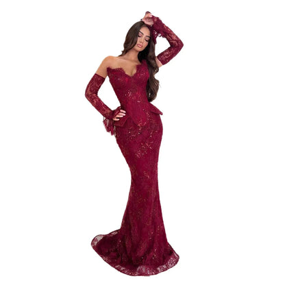 Luxury Wine Red Lace Beaded Mermaid Evening Dress LA73341