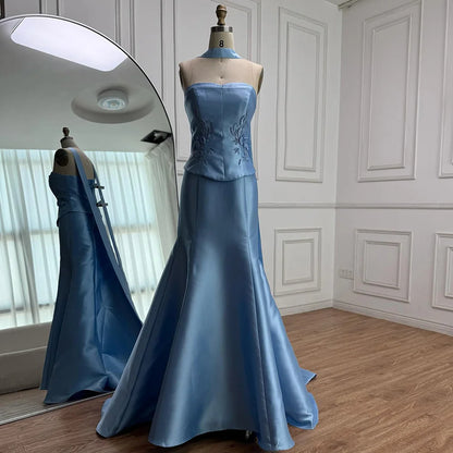 Luxury Blue Satin Mermaid Evening Dress with Long Scarf LA72831