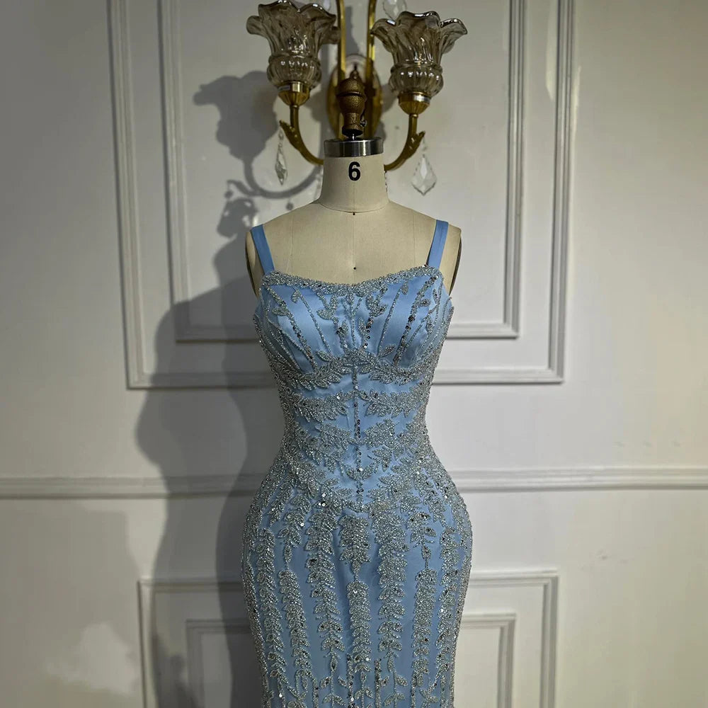 Luxury Arabic Blue Spaghetti Strap Mermaid Evening Dress Beaded LA72725