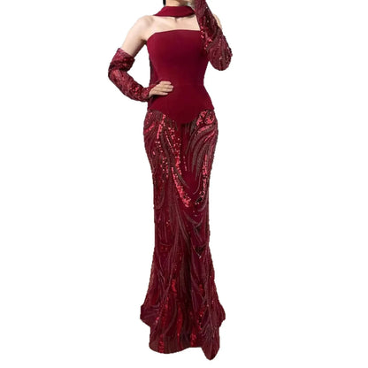 Luxuriöses weinrotes Meerjungfrauen-Abendkleid mit Handschuhen LA73050E