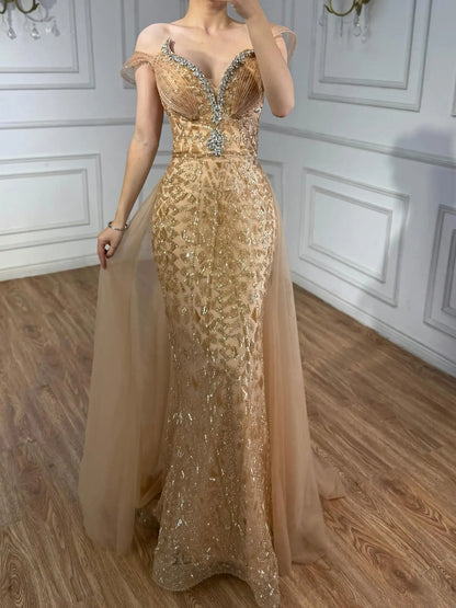 فستان سهرة وردي مطرز من سيرين هيل مكشوف الكتفين LA73413