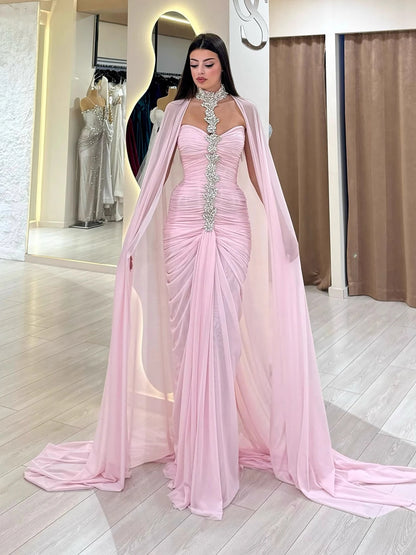 Luxury Pink Halter Crystal Beaded Evening Dress with Cape LA73374