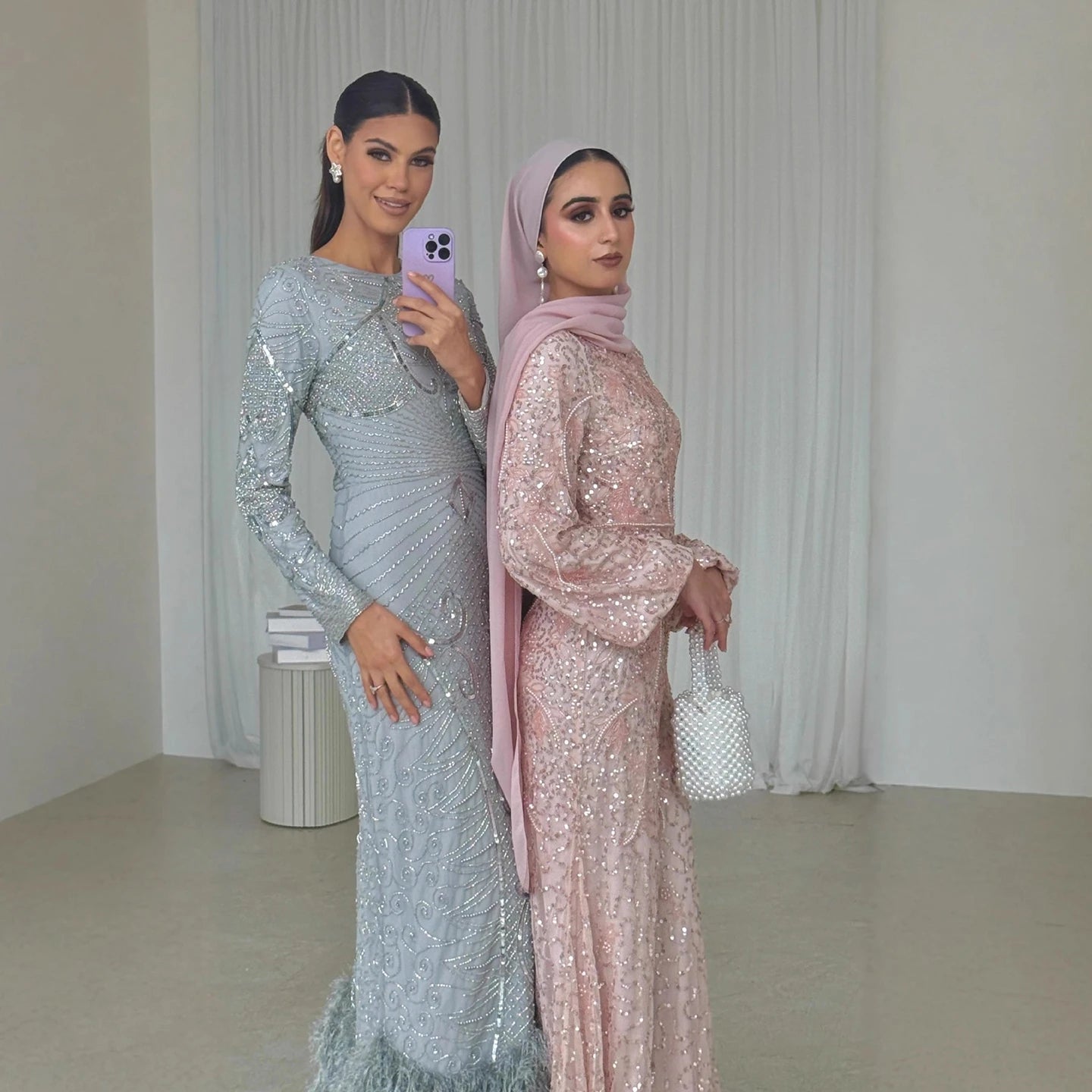 Luxury Pink Pearls Beaded Muslim Mermaid Evening Dress LA73417