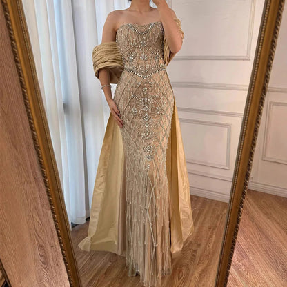 Luxury Dubai Nude Beaded Mermaid Evening Gown Off Shoulder Shawl Crystal Detailing for Formal Occasion   LA72819