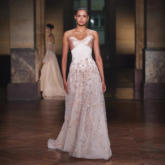 Luxury Nude Pink Sweetheart Beaded A-Line Evening Dress LA73396