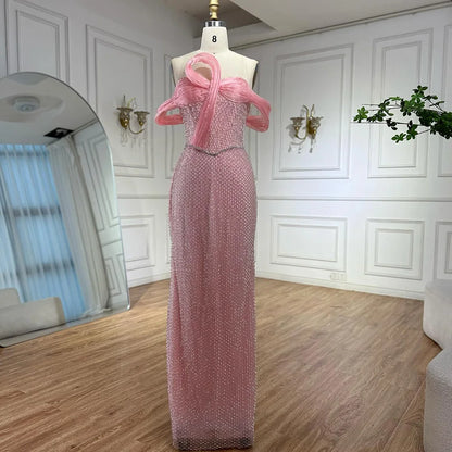 Luxury Pink Off Shoulder Mermaid Evening Dress with Bow LA73058