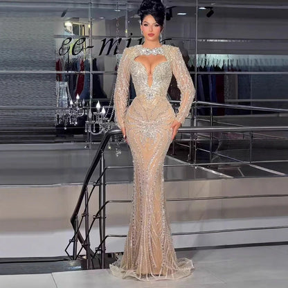 Luxury Nude Crystal Beaded Long Sleeve Mermaid Evening Dress LA73412