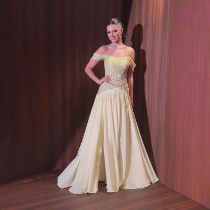 Luxury Evening Dress Yellow Off Shoulder Beaded A-Line Gown LA73350