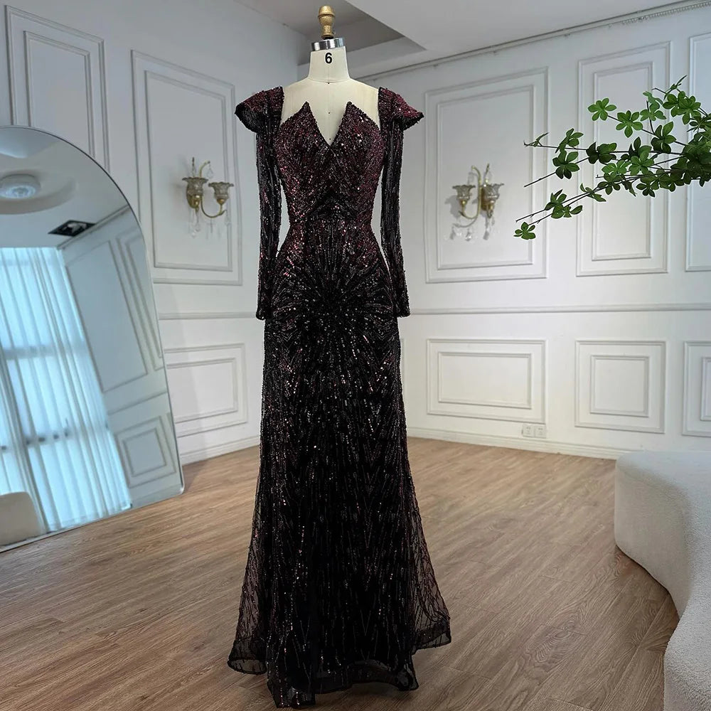 Luxury Wine Red Sequined Long Sleeve Evening Dress LA73126