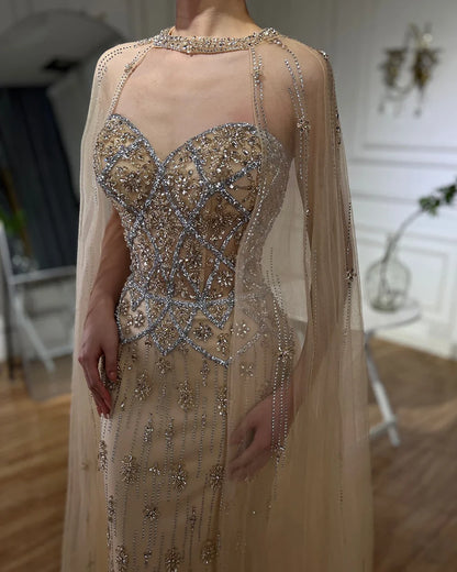 Luxury Dubai  Nude Saudi Evening Gown Mermaid Detachable Cape Sleeves Luxury Beaded Dress for Formal Occasion LA72716