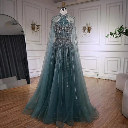 Luxury Beaded A-Line Evening Dress with Cape Sleeves LA73054